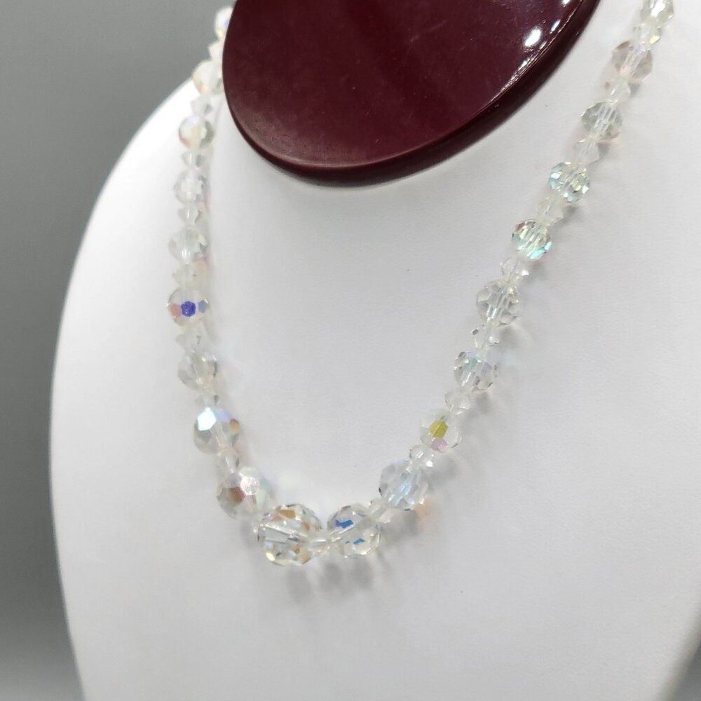 AB Beaded Graduated Necklace Silver Tone Hook Crystal Accent Vintage 15" Japan